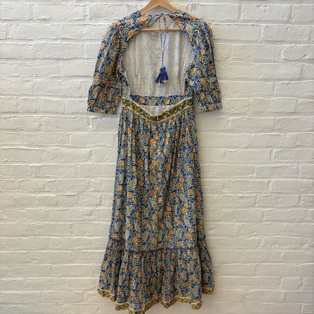 Madison Mathews || Perrin Maxi Dress Open Bsck Block Print Floral Tassels Blue S - Picture 7 of 12
